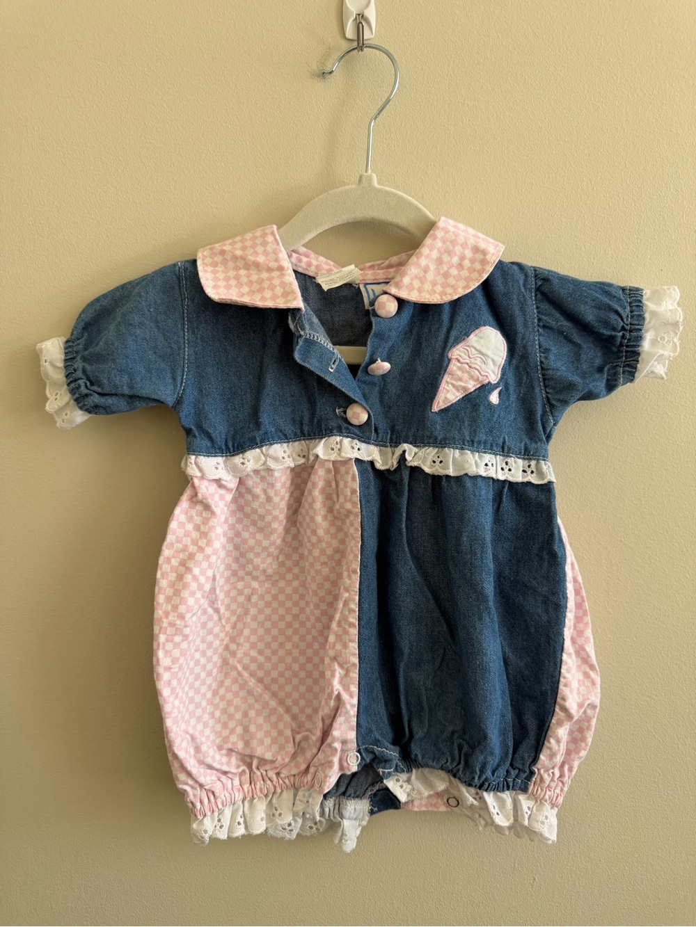 Vintage Baby C Me Pink and Blue Denim Ice Cream Bubble Romper